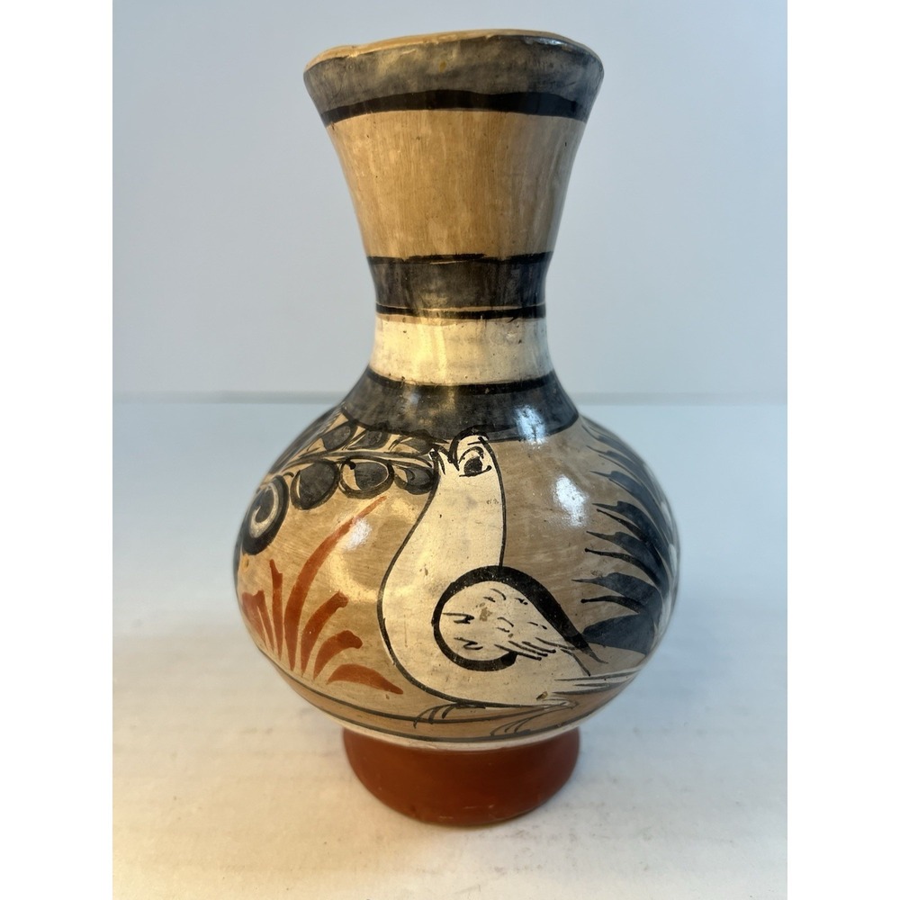Tonala Style Folk Art Pottery Vase Hand Painted Floral 6" Tall